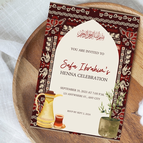 Palestinian Arch Tatreez Henna Invitation- Olive branches- Arab Tea- Muslim Wedding- Digital Download- Engagement- Nikkah