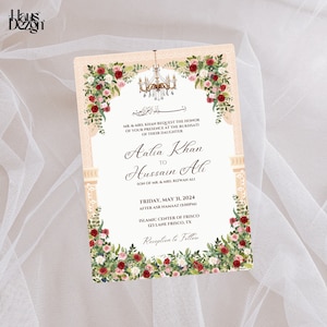May include: A wedding invitation with a floral design featuring red, pink, and white flowers. The invitation is for Aalia Khan and Hussain Ali, and it states the date and time of the wedding ceremony. The text reads: "MR. & MRS. KHAN REQUEST THE HONOUR OF YOUR PRESENCE AT THE RUKHSATI OF THEIR DAUGHTER Aalia Khan TO Hussain Ali SON OF MR. & MRS. RIZWAN ALI FRIDAY, MAY 31, 2024 AFTER ASR NAMAAZ (5:00PM) ISLAMIC CENTRE OF FRISCO 123 LANE FRISCO, TX Reception to Follow"