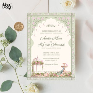 Sage Green Muslim Wedding Invite, Islamic Nikkah Invitation, Mughal Arch, Watercolor Garden, Elegant Modern, Engels, Digital Template