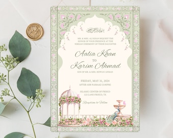 Sage Green Muslim Wedding Invite, Islamic Nikkah Invitation, Mughal Arch, Watercolor Garden, Elegant Modern, Engagement, Digital Template