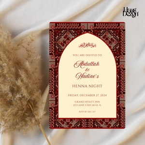 May include: A red and gold patterned invitation for a henna night. The invitation features an archway design with the names "Abdullah & Nadine's" and the text "You are invited to Henna Night, Friday, December 27, 2024, Grand Hyatt Inn, 123 Lane Chicago, IL, RSVP by Dec 1st."