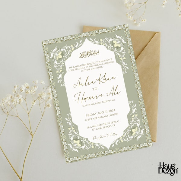 Digital Nikkah Invite- Elegant Islamic Invitation- Sage Green, Gold Islamic Wedding Invite- Modern Muslim Nikkah Card- Digital Download