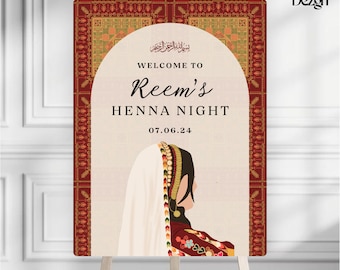 May include: A welcome sign for a henna night with a red, gold, and green patterned border. The sign features a woman in a white veil and a red and gold dress. The text on the sign reads "Welcome to Reem's Henna Night 07.06.24".