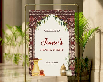 Palestinian Henna Welcome Sign- Vertical Sign- Tatreez- Arab Wedding- Olive Branch- Arab Tea- Digital Download- Editable