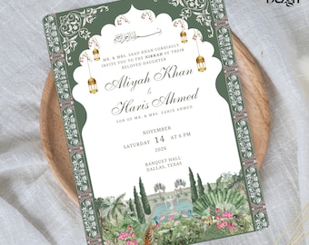 Invitación digital Nikkah, elegante jardín mogol, invitación de boda islámica, plantilla de invitación vintage Nikkah, descarga digital