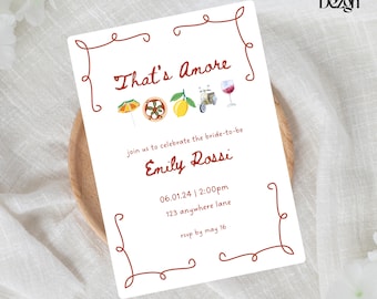 May include: A white invitation card with the text "That's Amore" in a decorative font, featuring illustrations of an umbrella, pizza, lemon, scooter, and wine glass. The card includes event details and is framed with a red border.