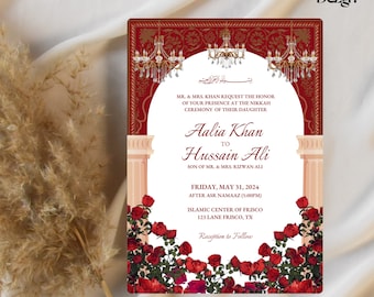 Maroon Elegant and Luxurious Nikkah Invitation, Red Roses, Islamic Wedding Template, Traditional Shaadi Invite, Rukhsati, Baraat, Digital