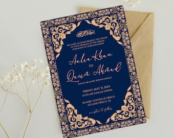 Islamic Wedding Invitation Template, Navy and Gold Invite, Nikkah, Shaadi, Walima, Luxurious Elegant, Digital Download, Editable Template