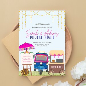 Chai Cart thema Dholki uitnodiging-Mehndi uitnodigen-Desi bruiloft-Pakistaanse-Indiase-digitale kaart-leuk en kleurrijk