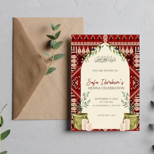 Palästinensische Tatreez Henna Einladung Olivenzweige- Kerzen- Muslimische Hochzeit