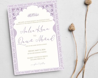 Digital Nikkah Invite- Elegant Luxurious Islamic Wedding Invitation- Nikkah Invite- Mughal Arch- Lilac- Muslim- Digital Download- Modern
