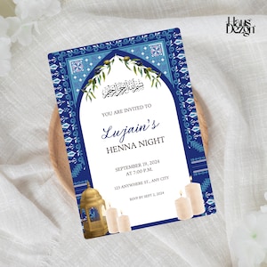 Blaue palästinensische Tatreez Henna-Einladung, arabische Hochzeit, Henna-Braut einladen, Olivenzweige, Falasteen, digitaler Download,