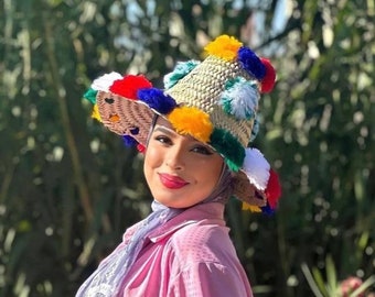 Chapeaux de paille marocains faits main, chapeau de plage, chapeau de soleil, chapeau rond, chapeau artisanal, jardin.