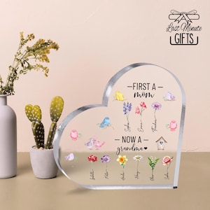 Custom Heart Shape Acrylic Plaque, Custom First Mom Now Grandma Heart Acrylic Stand, Mothers Day Gift Grandma Gift, Birthday Gift, Nana Gift