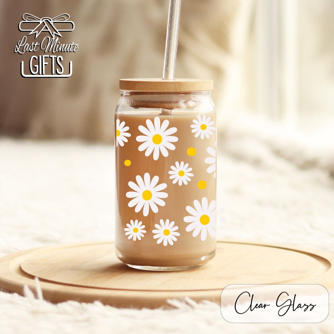 Daisy Glass Jar, Floral Mason Jar, Summer Vibes Glass Drinking Jar