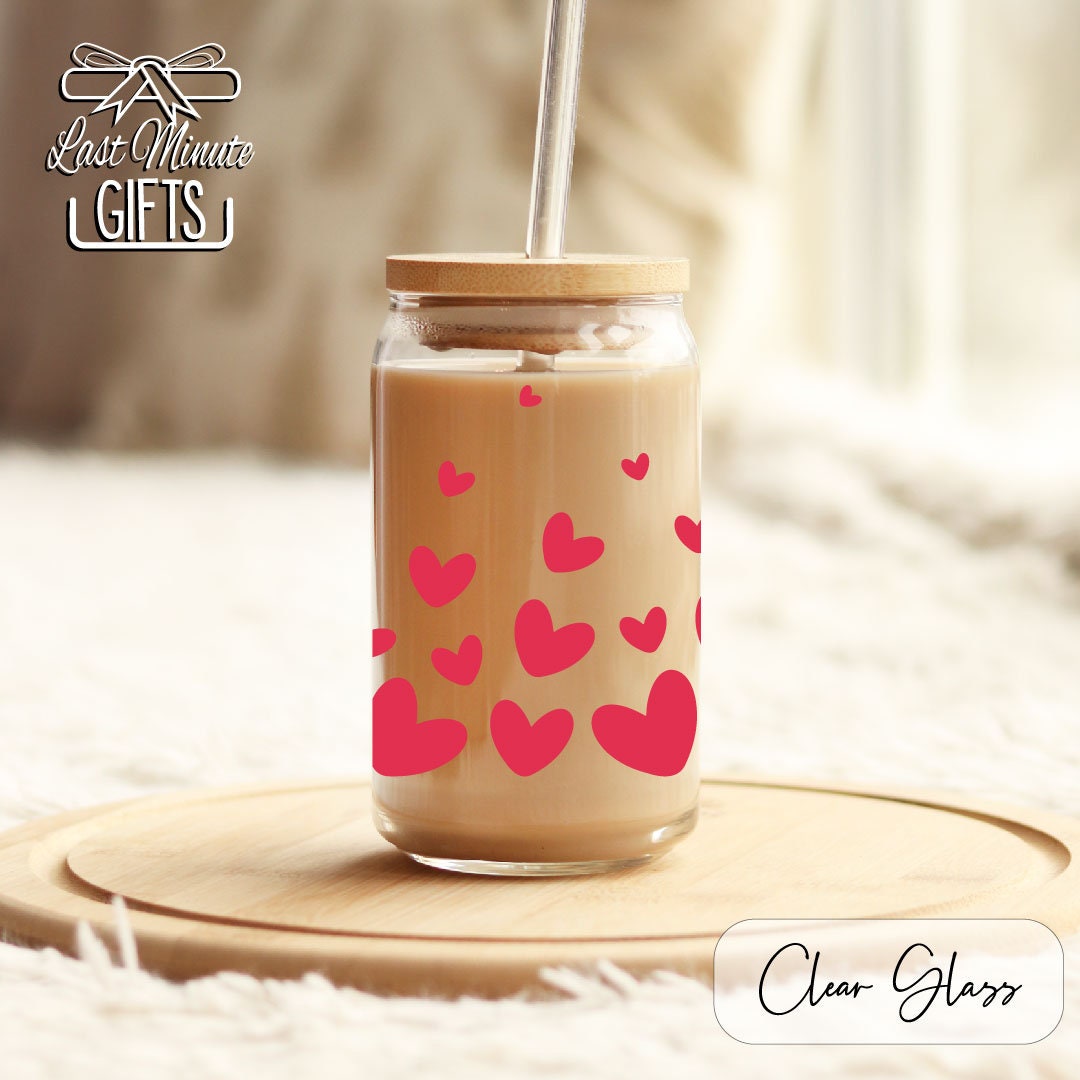 Valentine Hearts Drinking Glass Jar, Valentine Day Glass Cup Jar