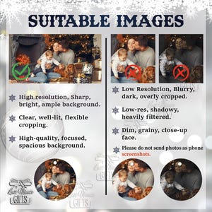 The image is a collage of two photos featuring a family, with text providing guidelines for suitable images. The guidelines include high resolution, sharpness, and a clear, well-lit background, as well as dim, grainy, and focused images. The text advises against sending photos as phone screenshots and suggests that the collage should not contain redundancy or vague descriptions.