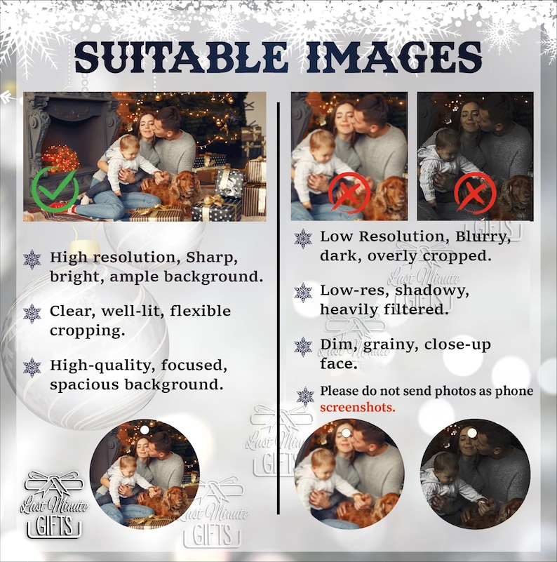 The image is a collage of two photos featuring a family, with text providing guidelines for suitable images. The guidelines include high resolution, sharpness, and a clear, well-lit background, as well as dim, grainy, and focused images. The text advises against sending photos as phone screenshots and suggests that the collage should not contain redundancy or vague descriptions.
