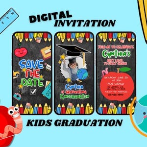 Tarjeta de invitación de graduación para niños, personalice la fiesta de graduación de preescolar y jardín de infantes con el móvil Evite, personalice la fecha de reserva, invitación animada
