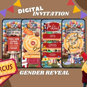 Cartão de convite digital animado para revelação do sexo do bebê com tema de circo | Convite de Carnaval para Festa | Modelo Canva editável | Estilo Palhaço