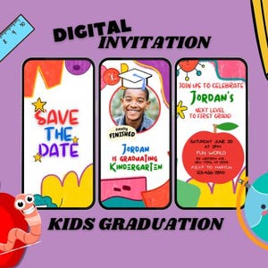 Carton d'invitation pour l'obtention du diplôme pour enfants, personnalisation de fête mobile pour diplômés de maternelle préscolaire, personnalisation de réservations pour date, invitation animée