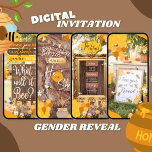 Invitación móvil para revelar el género con temática de abejas (niño o niña) / Plantilla de Canva de invitación digital neutra editable / Invitación para revelar el género del bebé