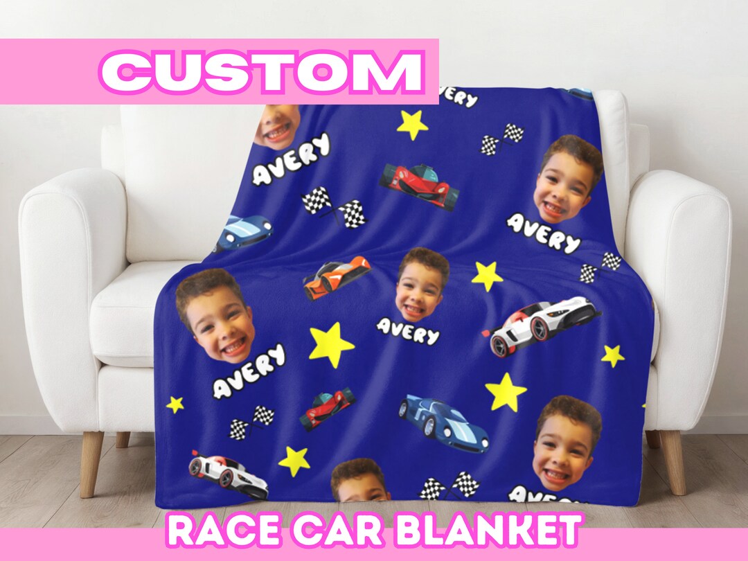 Personalized Race Car Blanket for Boys Custom Face Racing Etsy