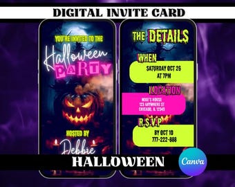 May include: Digital Halloween party invitation card displayed on a smartphone. The design features a glowing jack-o'-lantern, spooky background, and event details. Text includes "Halloween Party", "The Details", and RSVP information.