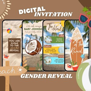 Beach Themed Gender Reveal Mobile Invitation Boy or Girl | Editable Neutral Digital Invite Canva Template | Baby Reveal Evite | Invitation