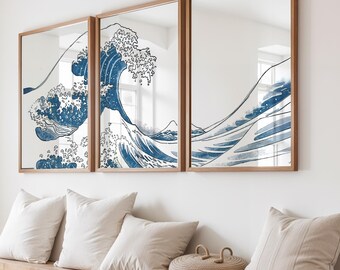 Japanese Wave Art Print Set: Hokusai Triptych, Blue Ocean (Digital Download)