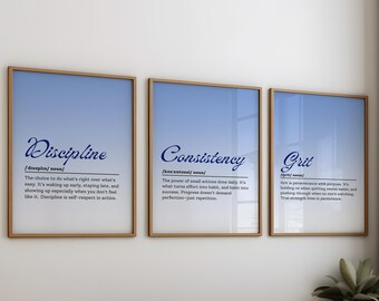 Discipline, Consistency, Grit Definition Art Set: Minimalist Office Decor (Digital Download