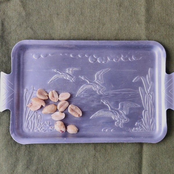 Mid Century Aluminum Snack Tray, Embossed with Geese Scene