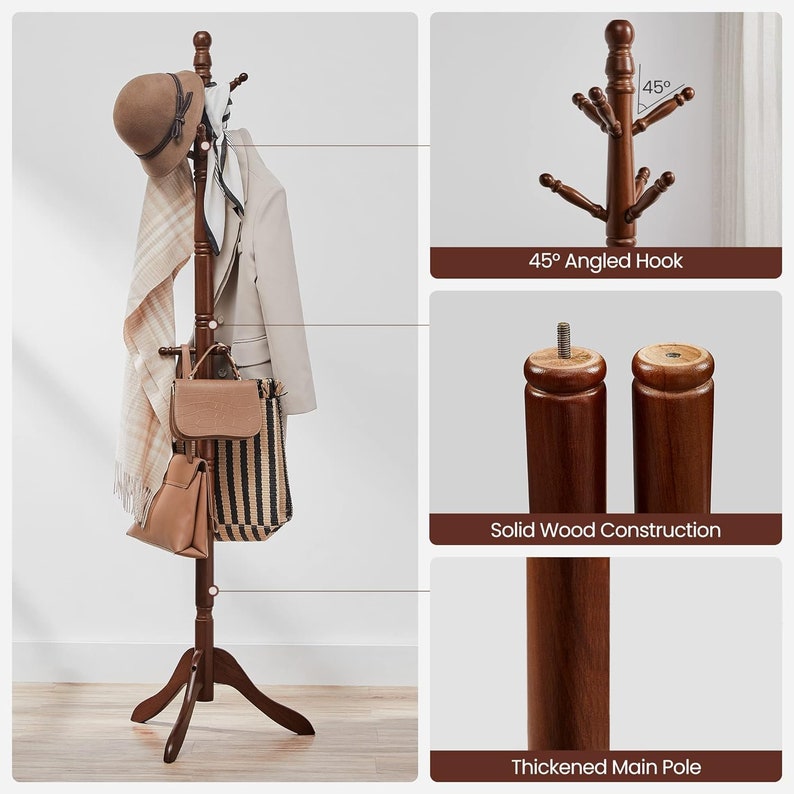 Wooden Coat Rack Tree With 10 Hooks for Hat Entryway Coat Hanger Stand