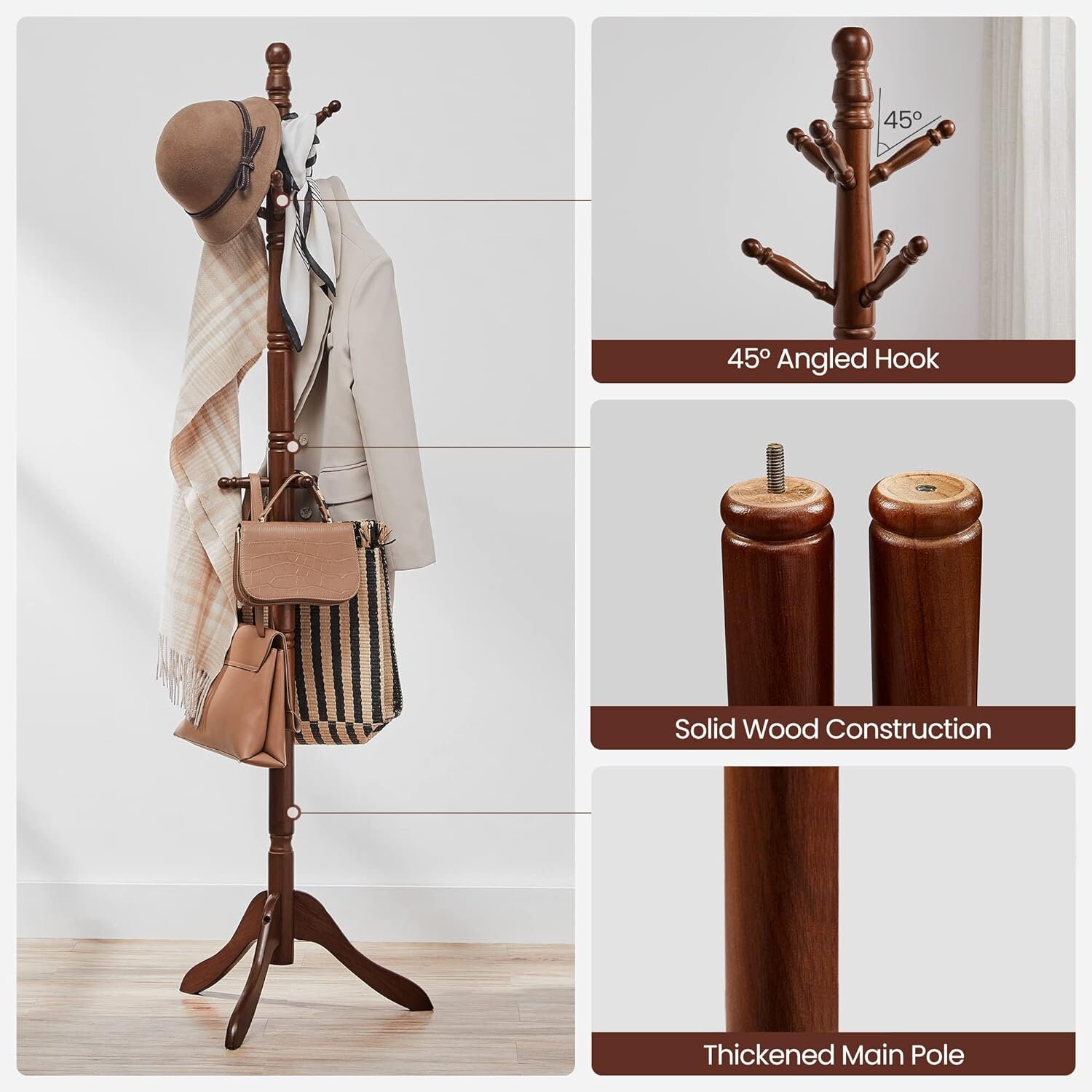 Wooden Coat Rack Tree With 10 Hooks for Hat Entryway Coat Hanger Stand for Home Modern Standing