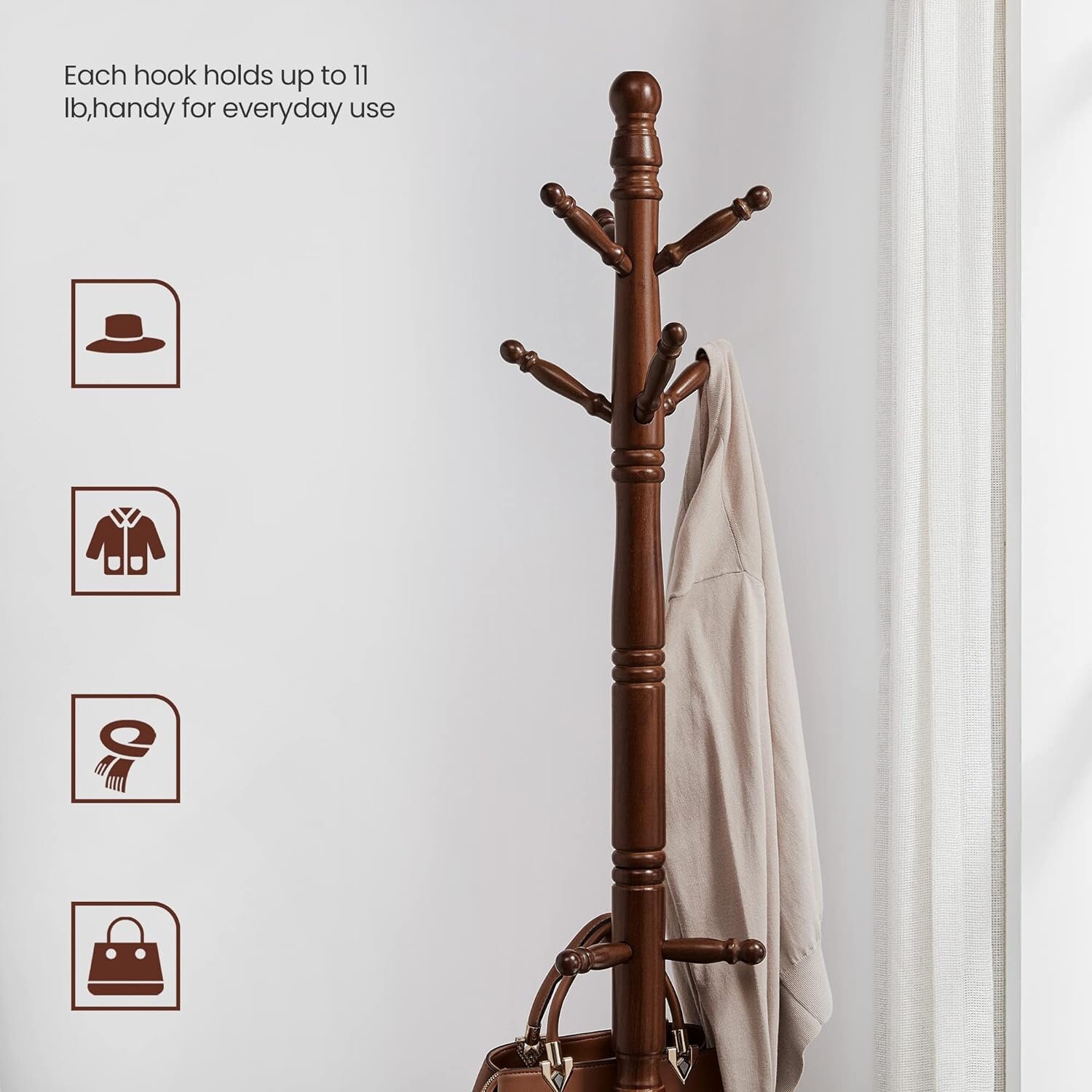 Wooden Coat Rack Tree With 10 Hooks for Hat Entryway Coat Hanger Stand for Home Modern Standing