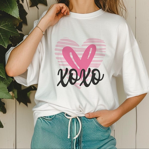 XOXO T-Shirt zum Thema Liebe für Sie, Trendy Valentinstag Umarmungen und Küsse Datum Nacht Lässiges T-Shirt, Romantischer Schatz Girly Geschenk, Verspielter Text