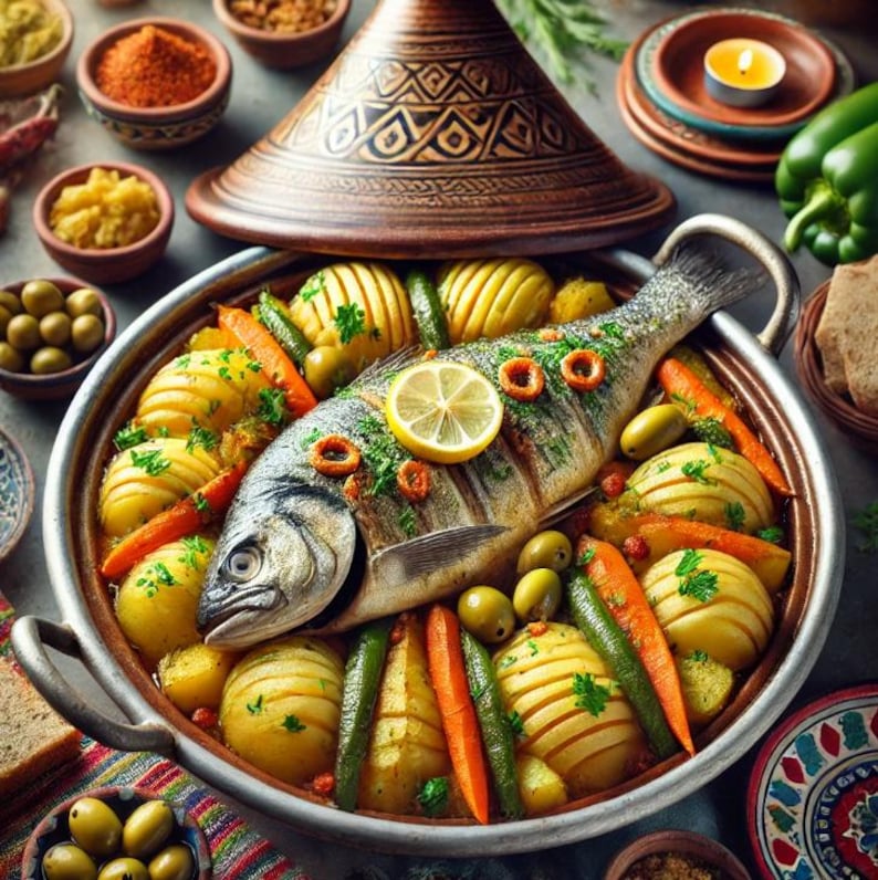 May include: A whole fish with potatoes, carrots, and green beans in a large, round, silver serving dish. The fish is cooked and has a golden brown color. The dish is surrounded by a variety of spices and herbs.