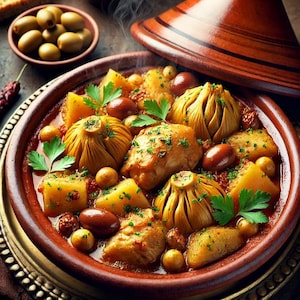 May include: A close-up of a Moroccan tagine dish with chicken, artichoke hearts, potatoes, olives, and herbs. The tagine is in a brown clay pot with a lid and is sitting on a gold-colored decorative plate.