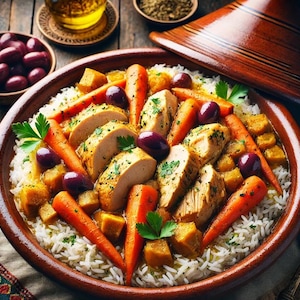 May include: A close-up of a Moroccan tagine dish with chicken, carrots, rice, and olives. The dish is served in a traditional clay pot with a domed lid.