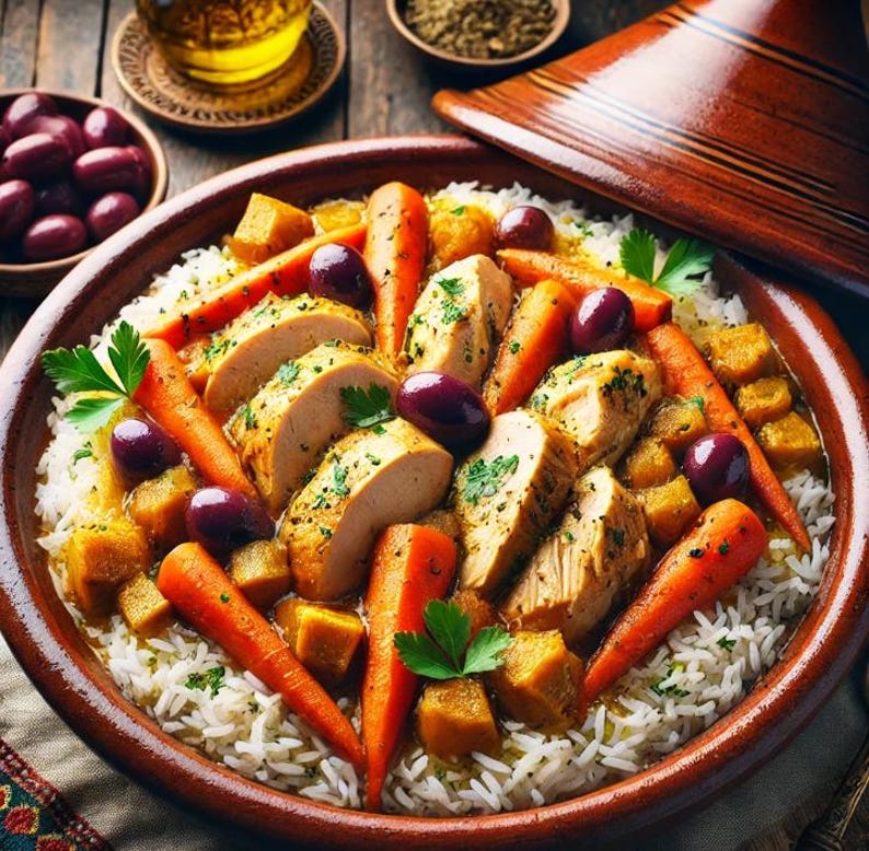 May include: A close-up of a Moroccan tagine dish with chicken, carrots, rice, and olives. The dish is served in a traditional clay pot with a domed lid.