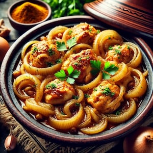 May include: A close-up of a dish of Moroccan chicken tagine with onions, herbs, and spices. The chicken is cooked in a rich, flavorful sauce and is served in a traditional tagine pot.