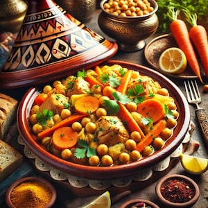May include: A traditional Moroccan tagine filled with chicken, chickpeas, carrots, and herbs. The tagine is made of clay and has a distinctive conical lid. The dish is surrounded by various ingredients and spices.