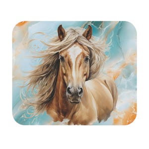 May include: A square decorative item featuring a detailed illustration of a horse's head. The horse has a tan coat, a flowing blonde mane, and a white blaze. The background has a watercolor effect with blue, orange, and white hues.