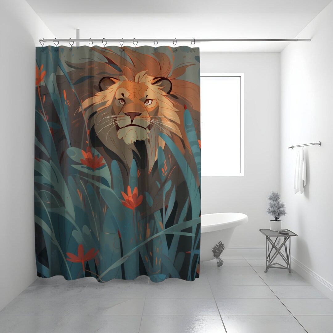 Lion on the Jungle Green Bathroom Shower Curtain Etsy