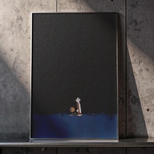 Póster de Calvin y Hobbes "Noche estrellada": arte mural minimalista de cómic, impresión de cielo nocturno galáctico, decoración de habitación profunda y reflexiva