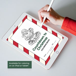 May include: A black and white coloring page featuring a cartoon Santa Claus holding presents. The page has a red and white striped border and the text "Countdown to Christmas Coloring Book".