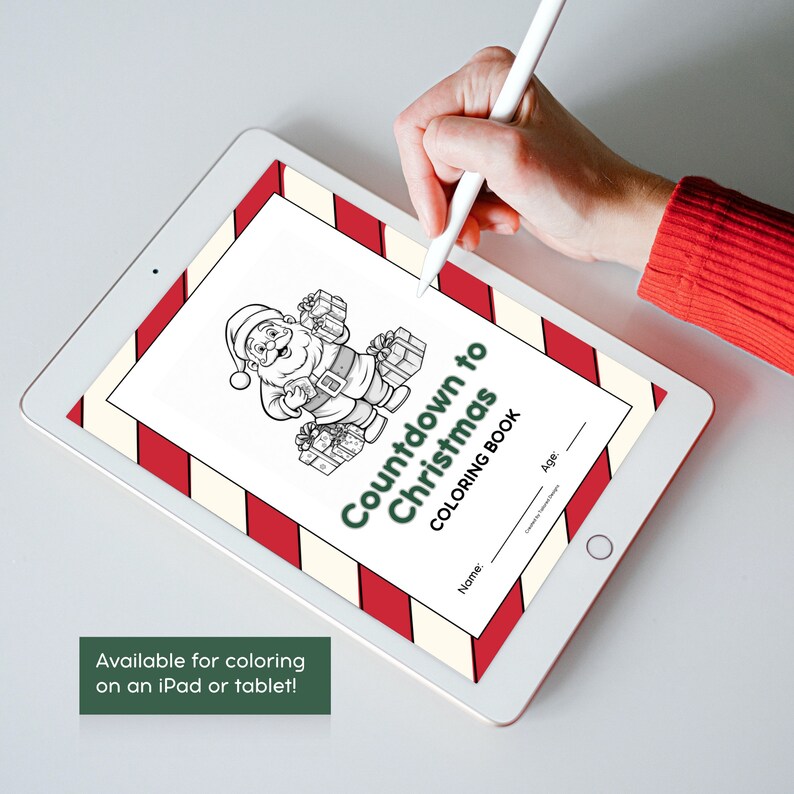 May include: A black and white coloring page featuring a cartoon Santa Claus holding presents. The page has a red and white striped border and the text "Countdown to Christmas Coloring Book".