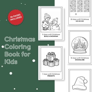 May include: A black and white coloring book for kids with 26 pages featuring Christmas themes. The cover shows a snowman, presents, a snow globe, and a Santa hat.