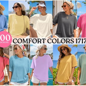 May include: A collection of women's t-shirts in various colors, including blue, yellow, white, gray, pink, coral, light blue, purple, gold, and green. The text "100 mockups" and "COMFORT COLORS 1717" are visible.