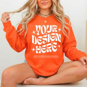 Gildan 18000 Orange Sweatshirt Mockup | G180 Orange Crewneck Mockup | Real Model Mock | Cozy Casual Cute Trendy Fall Boho Aesthetic Sweater
